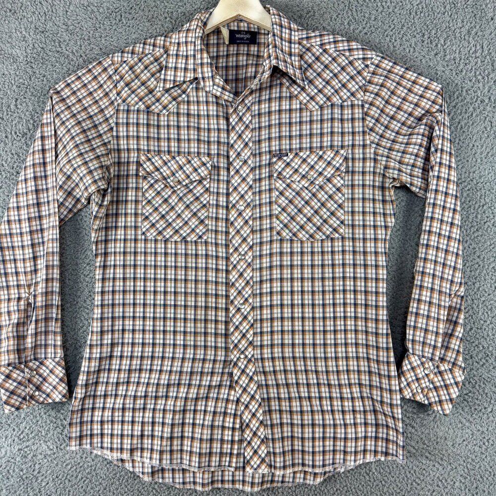 Wrangler Western Shirt Mens Medium Brown Plaid Pearl Snap Cowboy Ranch Farm Work